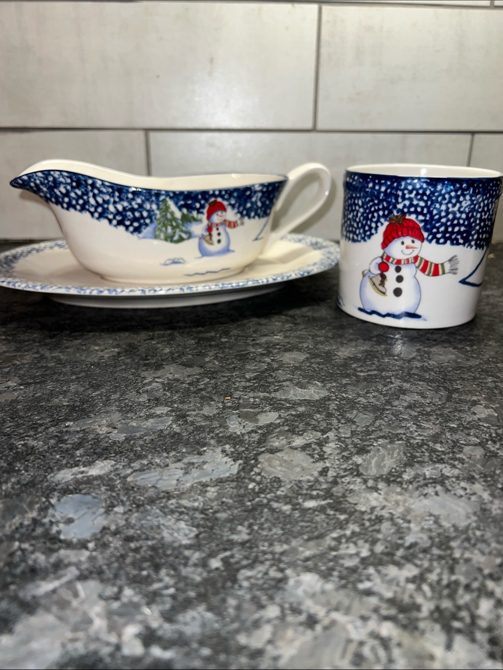 Thomson Pottery Snowman Holiday Gravy Boat and Crock Set - Spongewear Vintage